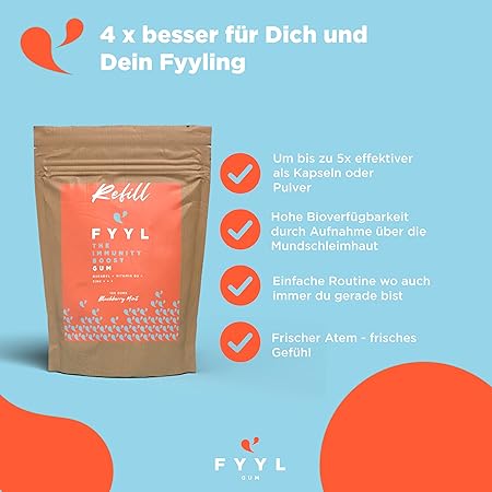 FYYL GUM | Plastikfreies Multivitamin Kaugummi für das Immunsystem - Neuheit - Brombeere-Minze - Plastik- & Zuckerfrei - Quendel, Zink + Sechs Vitamine - 100 Stück